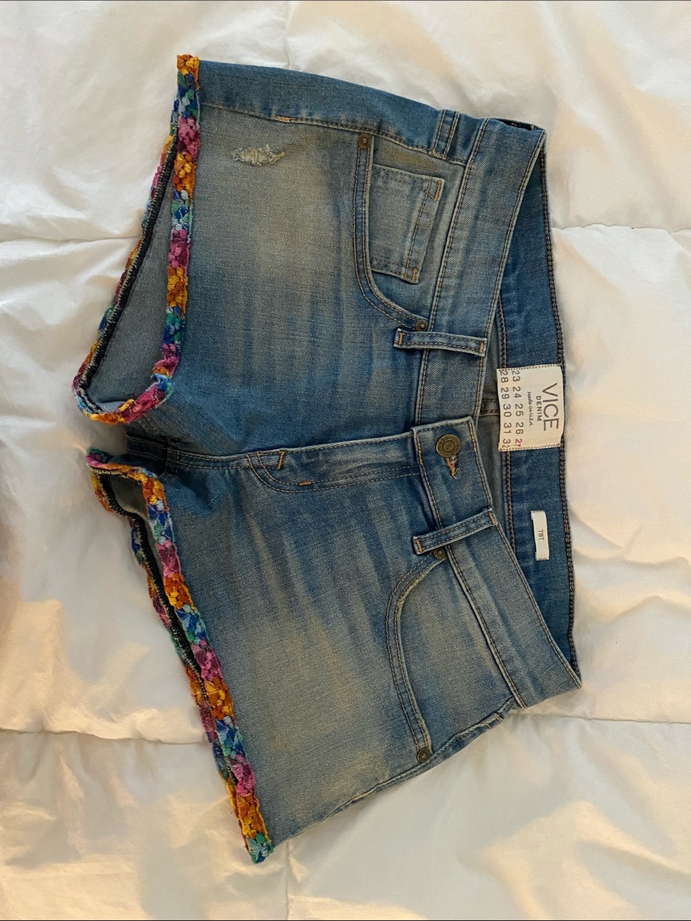 VICE Light Blue Denim Shorts with Floral Trim